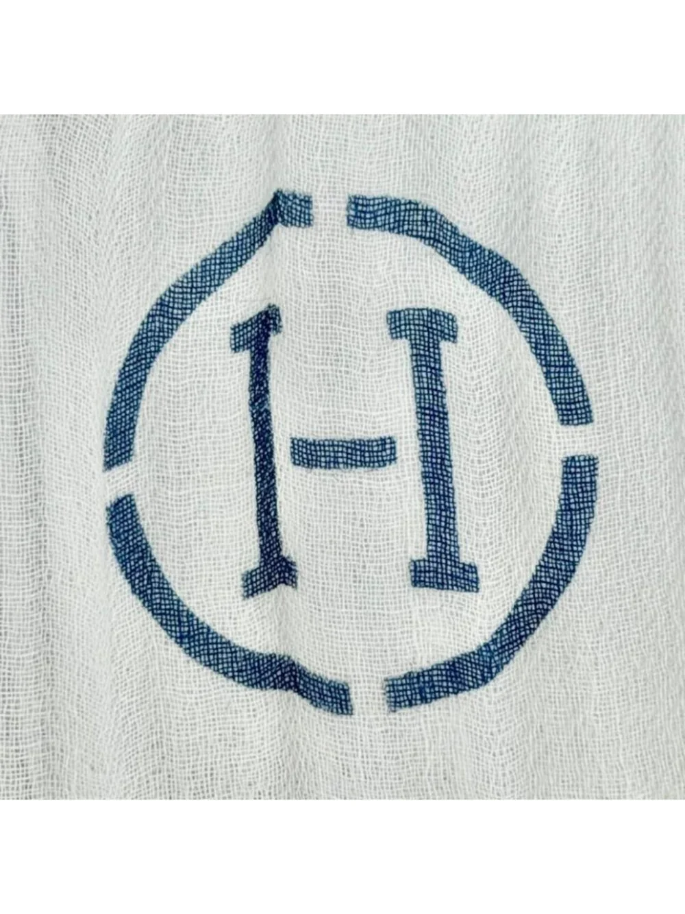Hermes Naoshima Cotton 100% Blue Zee White H Logo Mini Fringe Large Shawl Scarf